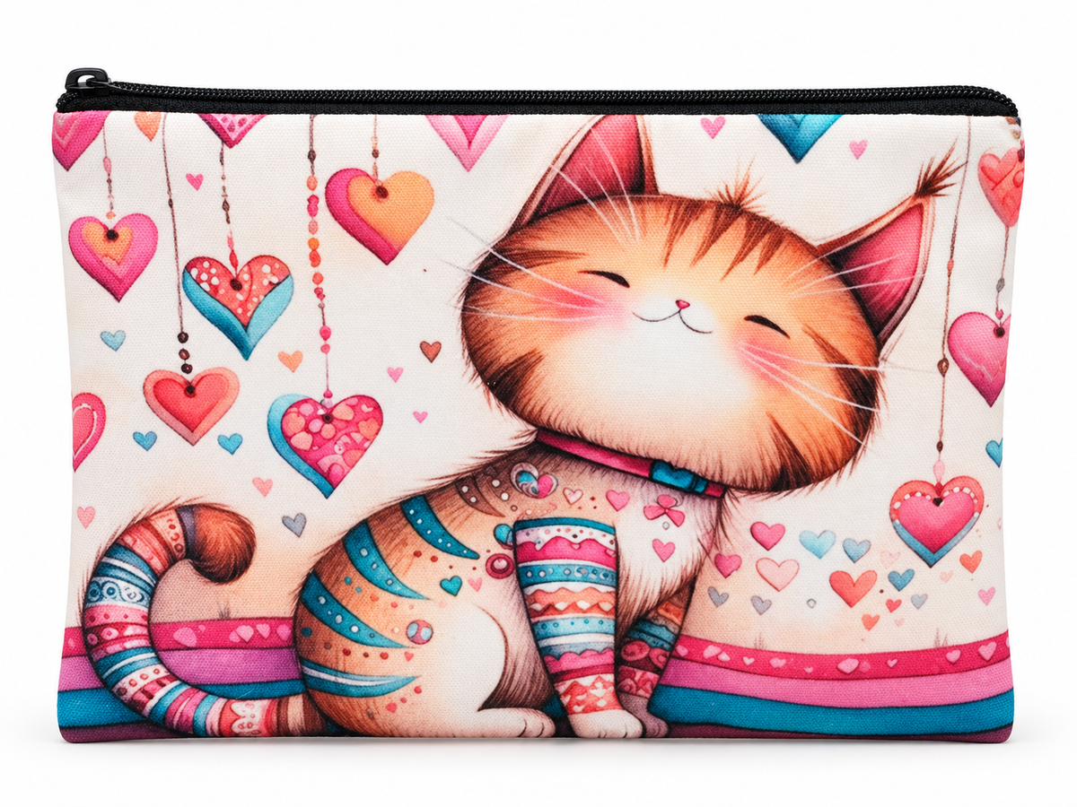 Smiling Cat & Hearts Medium Zipper Pouch