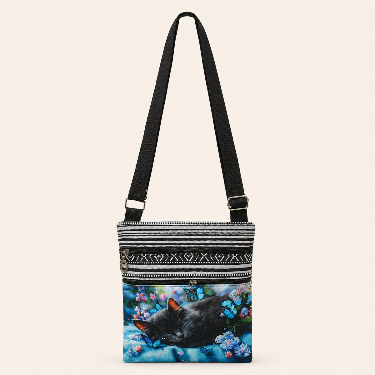Black Cat & Blue Butterfly Crossbody Bag