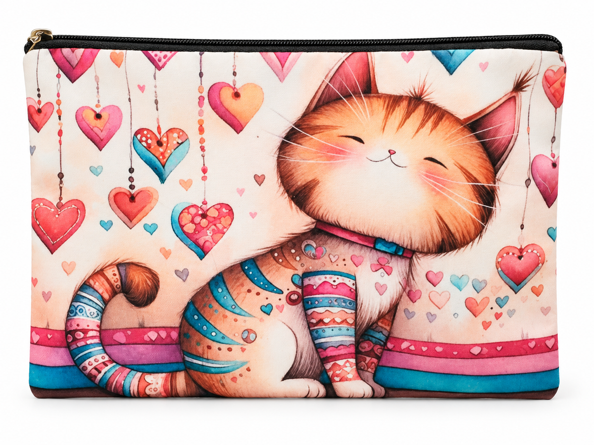 Smiling Cat & Hearts Medium Zipper Pouch