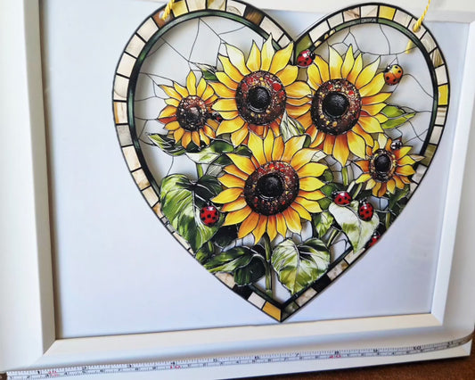 Heart of Sunshine Stained Glass Suncatcher – Sunflower & Ladybug Window Art